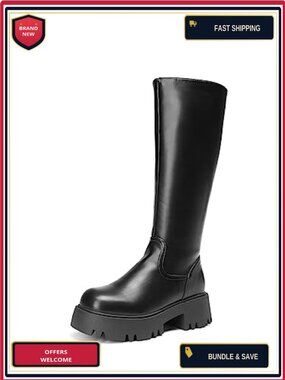 Knee High Platform Chunky Boots Round Toe Side Zipper Faux Leather